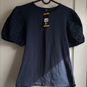 Express Navy Eyelet Puff Sleeve Tee